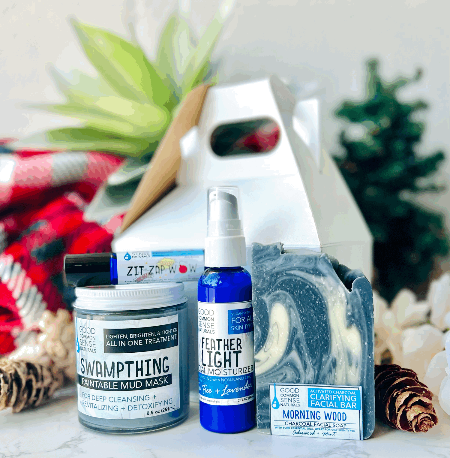 4 skin care products in a Facial Gift Set Set includes: Feather Light AM 2oz, Zit Zap Wow Acne roller, Swampthing 8.5 oz, Cleansing Facial Bar Soap with a nature background