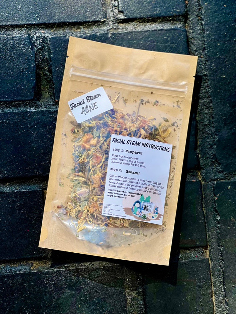Craft zip bag of Blemish Control Facial Steam herbal blend with muslin steaming bag, Good Common Sense Naturals