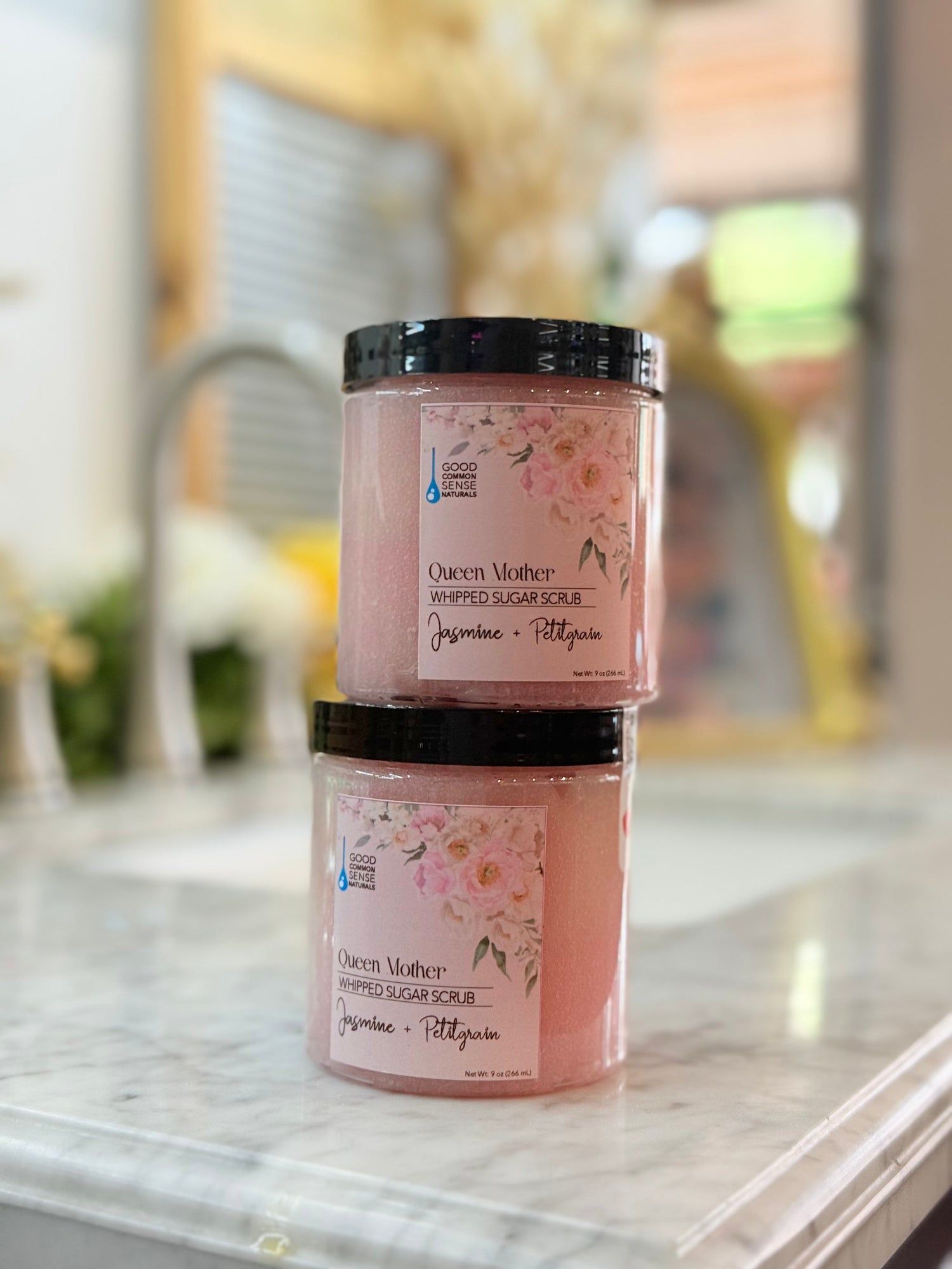 Jar of Queen Mother Neroli and Petitgrain cream body scrub, Good Common Sense Naturals