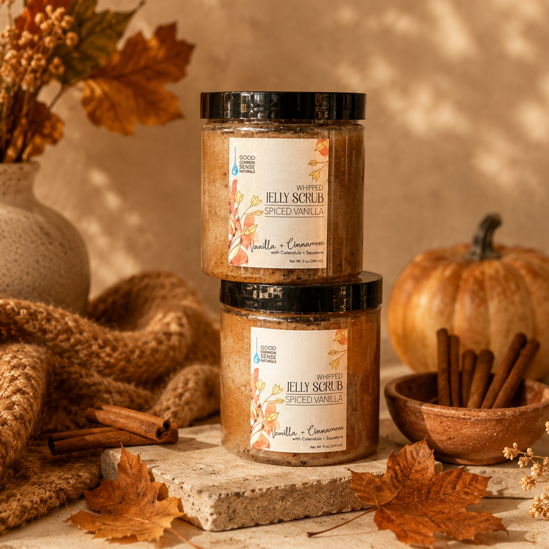 Two jars of Jelly Sculp skincare body butter in vanilla + cinnamon scent, stacked on a stone slab with autumn props including a knit blanket, dried leaves, cinnamon sticks, a small pumpkin, and a vase in a warm, cozy setting.