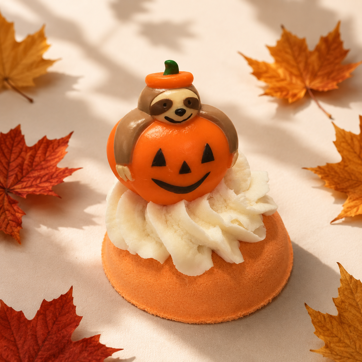 A Halloween-themed bath bomb topped with a white whipped bubble bath cream swirl and an orange pumpkin face. A small brown sloth figurine wearing an orange pumpkin hat sits on the pumpkin.