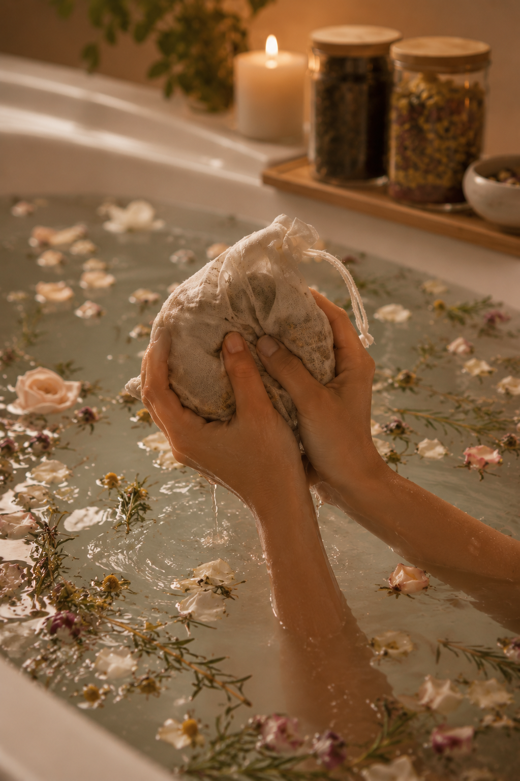 Person holding a bag of flowers over a bathtub filled with water and flowers.