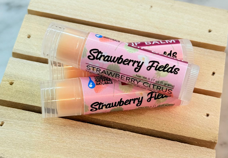 Tube of Strawberry Fields lip balm, Good Common Sense Naturals