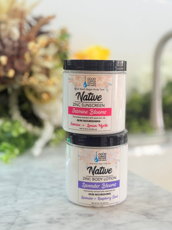 Bottle of Native Blooms Sunscreen Zinc Body Lotion, Lavender variant, Good Common Sense Naturals