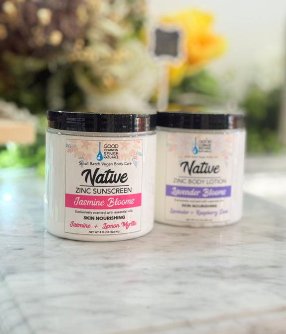 Bottle of Native Blooms Sunscreen Zinc Body Lotion, Good Common Sense Naturals