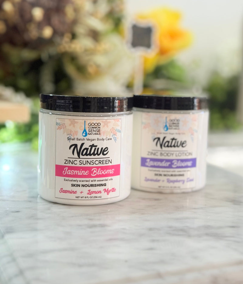Bottle of Native Blooms Sunscreen Zinc Body Lotion, Good Common Sense Naturals