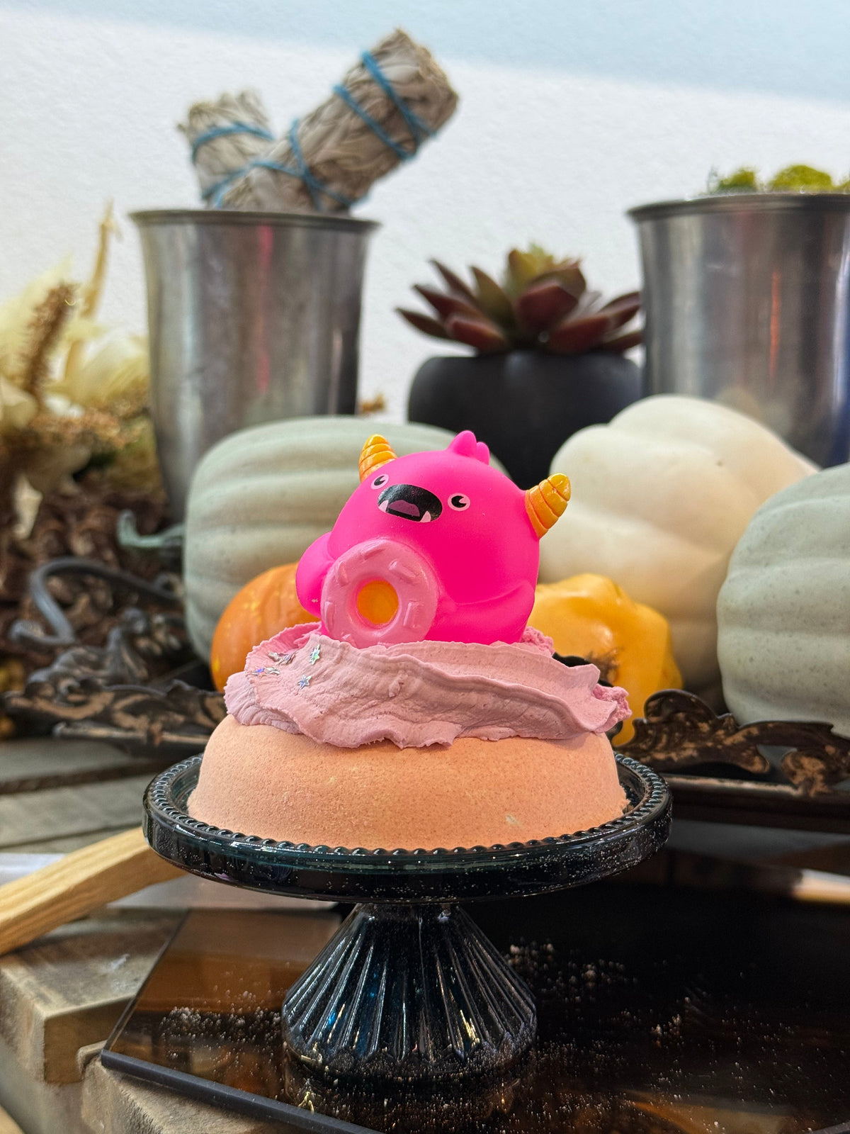 Monster Bash Halloween Bubble Truffle Duckie, a bath bomb topped with a whimsical monster character toy, Good Common Sense Naturals