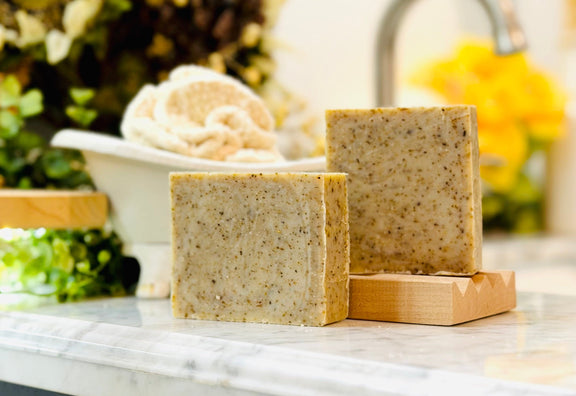 Bar of From Earth Lavender Sage cold process olive oil soap with lavender buds, Good Common Sense Naturals