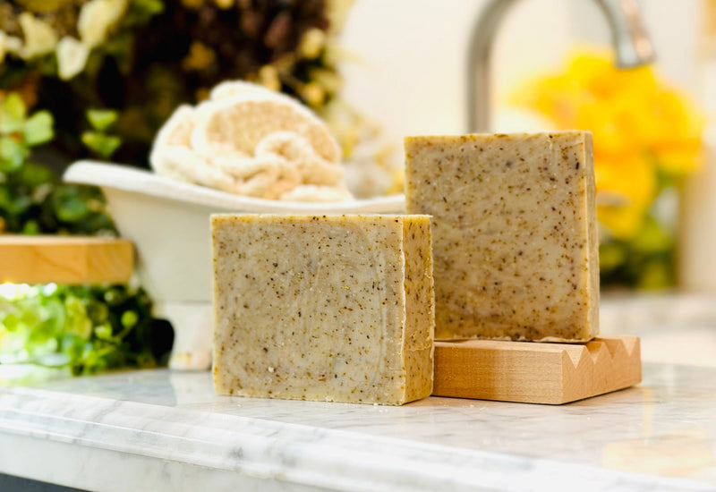 Bar of From Earth Lavender Sage cold process olive oil soap with lavender buds, Good Common Sense Naturals