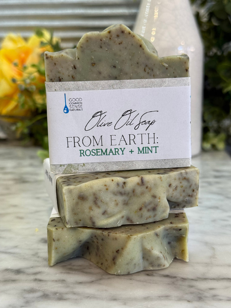 Bar of From Earth Rosemary Mint cold process olive oil soap with rosemary and peppermint leaf, Good Common Sense Naturals