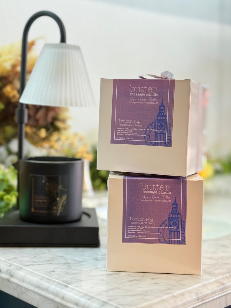 Butter Massage Candle in London Fog scent, poured in a custom glass jar with pour spout, Good Common Sense Naturals