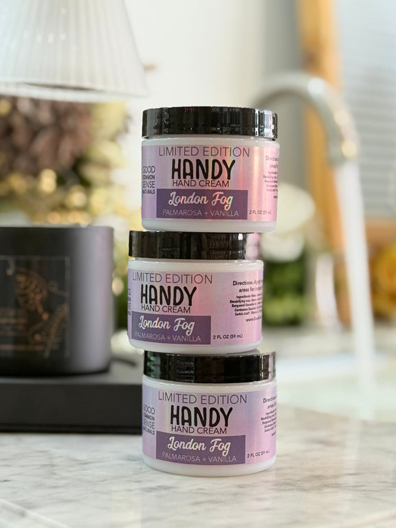 Jars of Handy Cream in London Fog limited edition scent, Good Common Sense Naturals