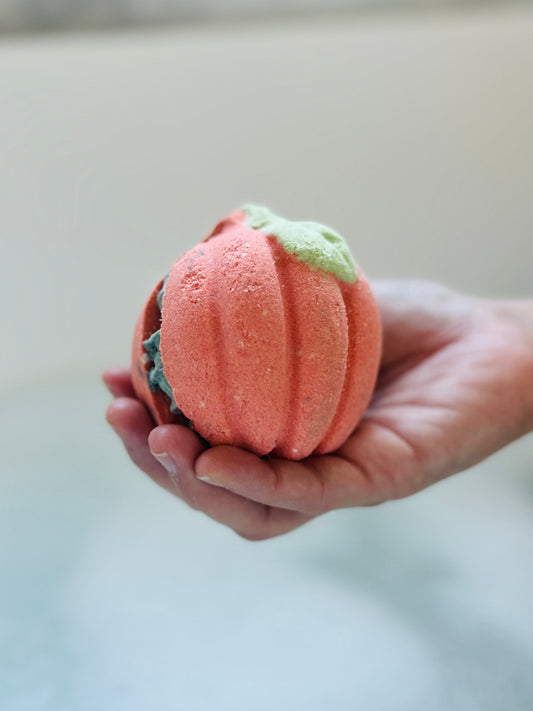 Close-up of the Pumpkin Macaron Bubble Truffle showing the layered bath bomb and whipped bubble frosting, Good Common Sense Naturals