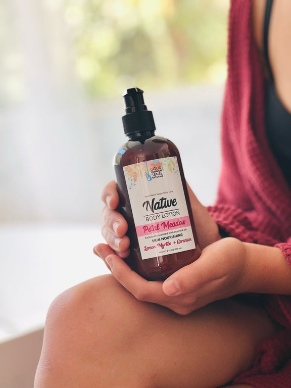 Bottle of Native Body Lotion in Petal Meadow scent, Good Common Sense Naturals