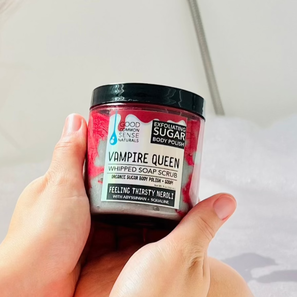 Vampire Queen Whipped Scrub, a jar of sugar scrub with lemon, orange blossom, and palmarosa oils, Good Common Sense Naturals