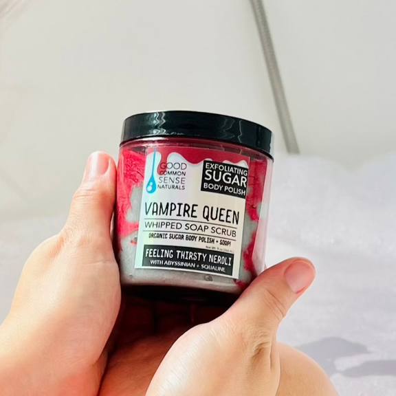 Vampire Queen Whipped Scrub, a jar of sugar scrub with lemon, orange blossom, and palmarosa oils, Good Common Sense Naturals