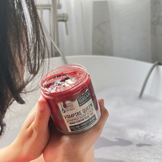 Close-up of Vampire Queen Whipped Scrub texture with rose buds and sugar sprinkle, Good Common Sense Naturals